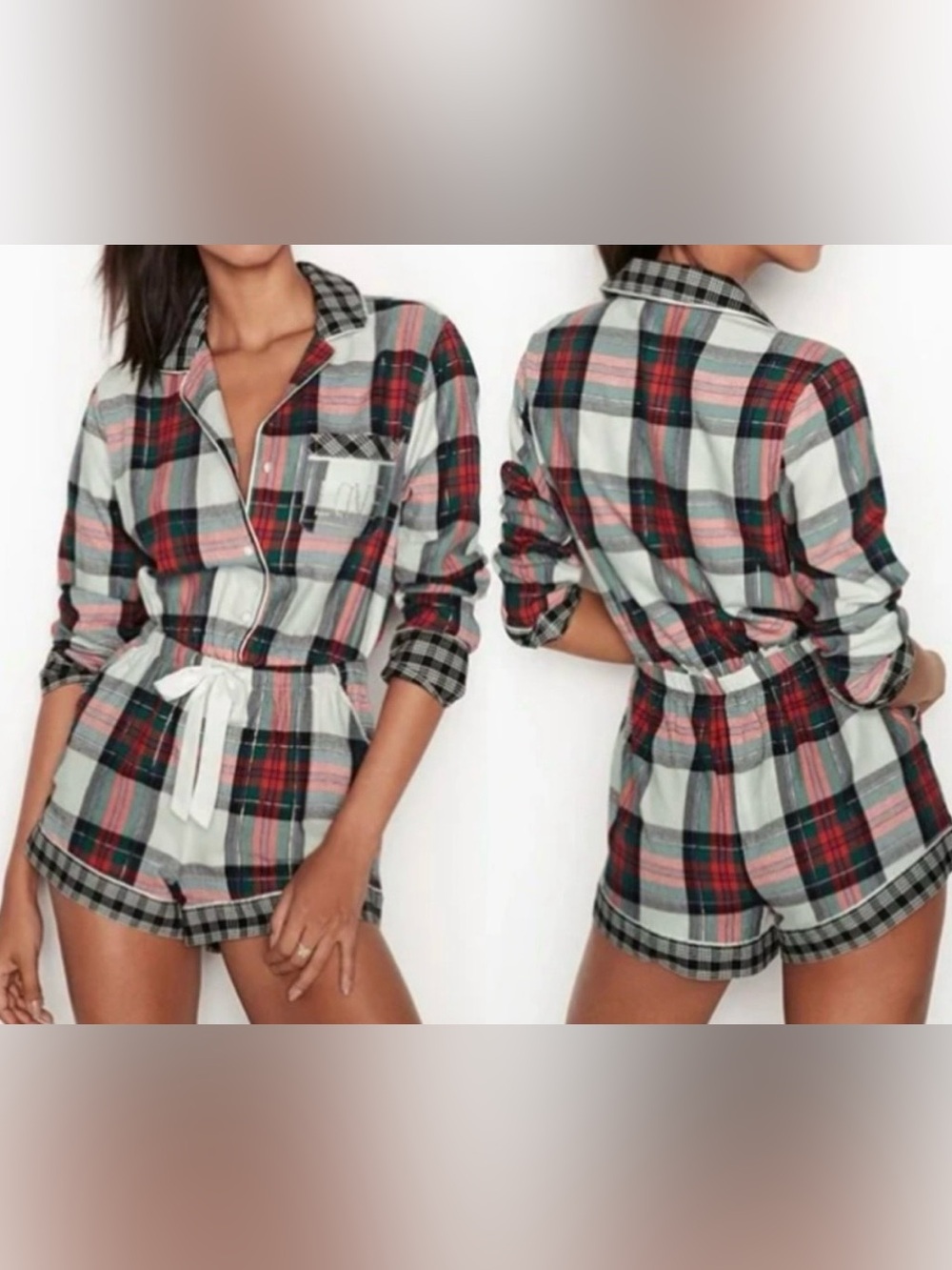 Victoria's Secret Christmas Plaid Short Pajama Romper - Red, Green & White - M